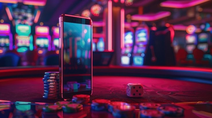 Mobile phone displaying slot game